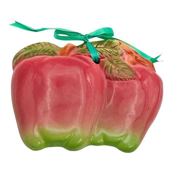 Apple Pair Wall Plaques Green Ribbon Hangers Vintage Ceramic  7in - Picture 4 of 7